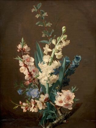 Branche de pommier et pieds d’alouettes, avec un vol d’abeille — size preview