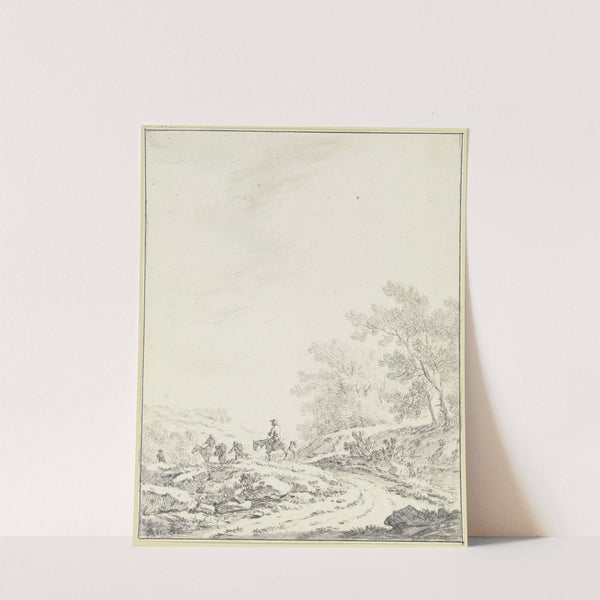 Breiter Weg mit Ausblick in eine offene Landschaft, rechts Buschwerk, links auf dem Weg zwei Reiter und drei Fußgänger by Johann Christoph Dietzsch