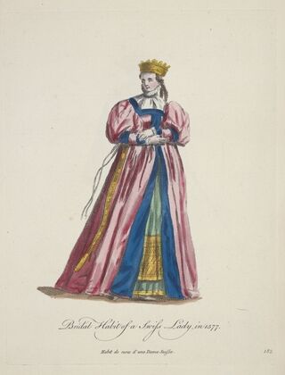 Bridal habit of a Swiss lady in 1577. Habit de noce d’une Dame Suisse. (1757-1772)