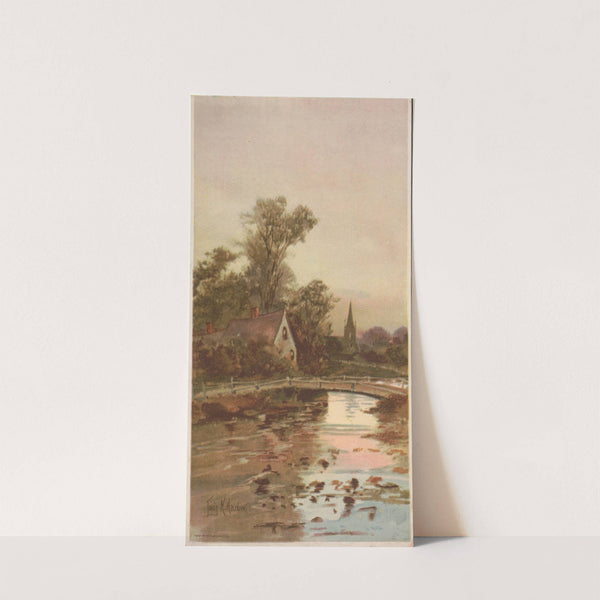 Bridge over a stream, with a cottage and a church in the background (1892) by Louis Kinney Harlow