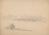 Bridge with wooden truss with houses and a mill on the far side of the water, perhaps related to Ipswich, Massachusetts