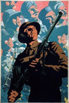 British soldier with bren gun, allied servicemen in background