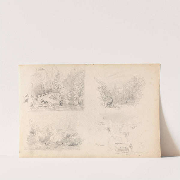 Bro i skogslandskap; utsikt over dal; fra Elstad; badstue, Elstad by Hans Gude