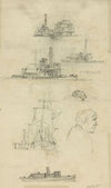 Broadside and bow views of eight ships and boats, and an unidentified profile bust portrait