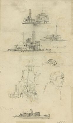 Broadside and bow views of eight ships and boats, and an unidentified profile bust portrait