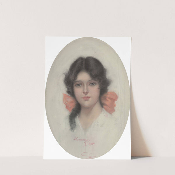 Brunette with Pink Bow by Harrison Fisher