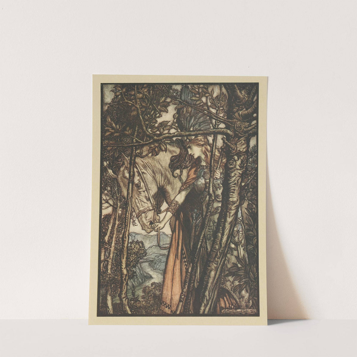 Brunnhilde slowly and silently leads her horse down the path to the cave (1910) by Arthur Rackham