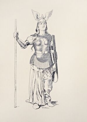 Brunnhilde. Weisses Gewand, silberne Rustung, Helm und Waffen (1897)