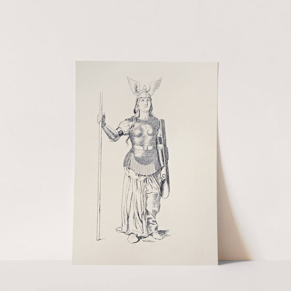 Brunnhilde. Weisses Gewand, silberne Rustung, Helm und Waffen (1897) by Hans Thoma