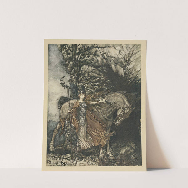Brunnhilde with her horse, at the mouth of the cave (1910) by Arthur Rackham