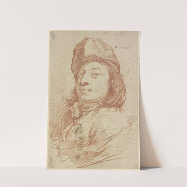 Brustbild eines Mannes mit Mütze und langem Haar im Dreiviertelprofil nach links by Johann Melchior Roos