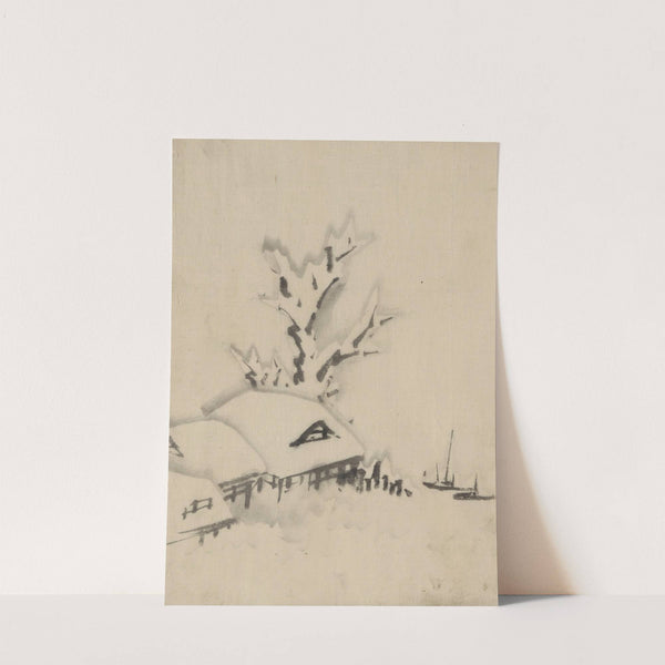 Buildings and large tree on the waterfront, with two boats anchored offshore (1830-1850) by Katsushika Hokusai