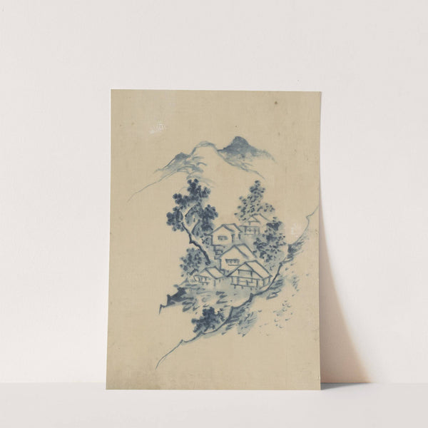 Buildings nestled among trees in a mountain valley by Katsushika Hokusai