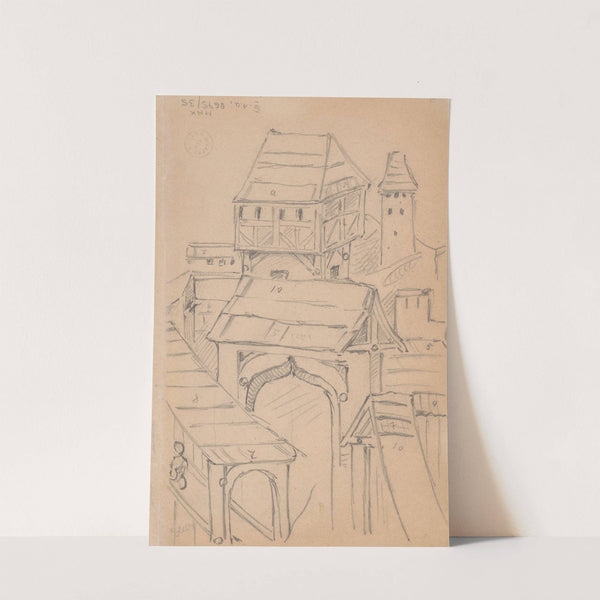 Buildings with towers and gates. Drawing of the bas-relief on the wing of the triptych of St Stanislaus in the Chapel of Guardian Angels at St Mary's Church in Krakow by Stanisław Wyspiański