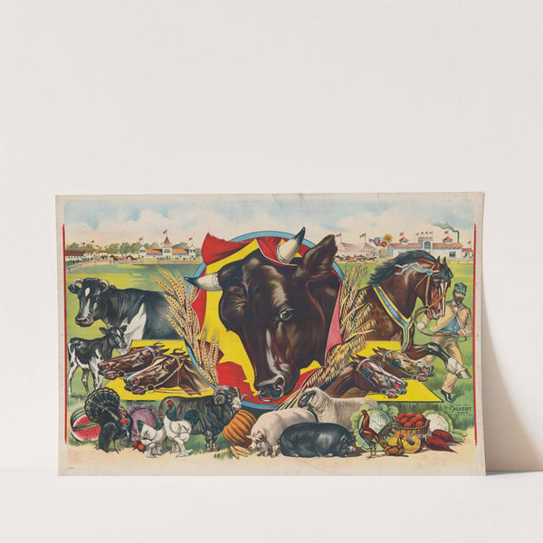 Bull head in the center surrounded by fair buildings, horsetrack, farm animals and produce (1898) by Calvert Litho. Co