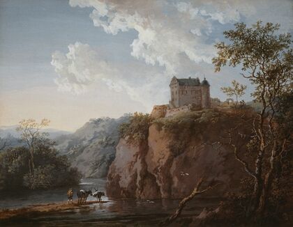 Burg auf einem Felsen über einem Flußtal