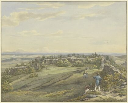 Burghof der Ruine Falkenstein mit Ausblick auf die Mainebene, den Odenwald und die Rheinberge