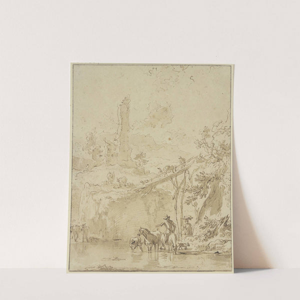 Burgruine, rechts ein hoher Steg, ein Bauer tränkt seine Pferde by Nicolaes Pietersz. Berchem