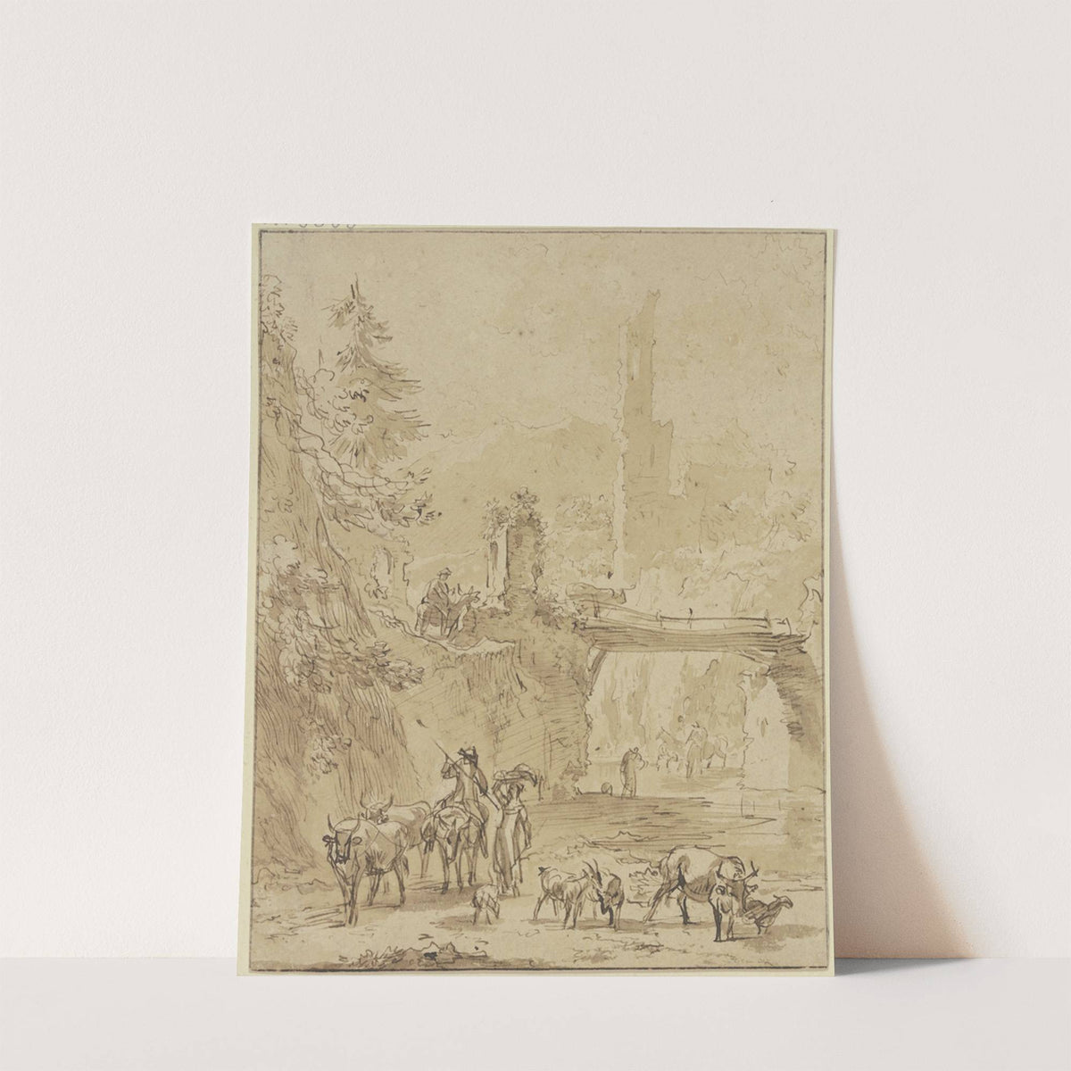 Burgruine, über dem Wasser ein Steg im Vordergrund, Hirte zu Esel und Hirten zu Fuß mit Vieh by Nicolaes Pietersz. Berchem