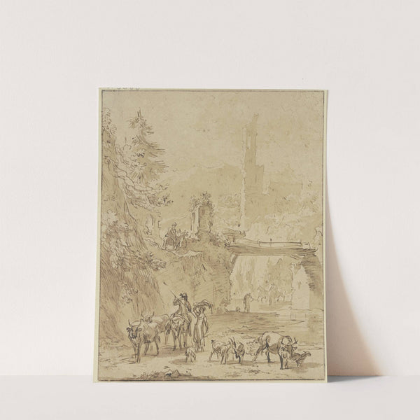 Burgruine, über dem Wasser ein Steg im Vordergrund, Hirte zu Esel und Hirten zu Fuß mit Vieh by Nicolaes Pietersz. Berchem