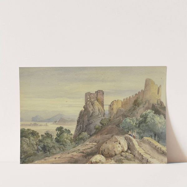 Burgruine, vorn auf einer Brücke zwei Männer by Jean-Joseph-Bonaventure Laurens