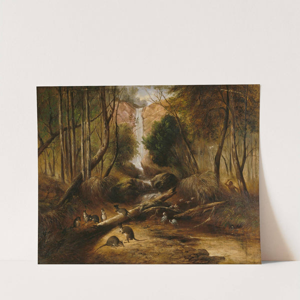 Bush landscape with waterfall and an aborigine stalking native animals, New South Wales by John Skinner Prout