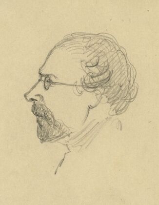 Bust-length profile portrait of a man wearing glasses