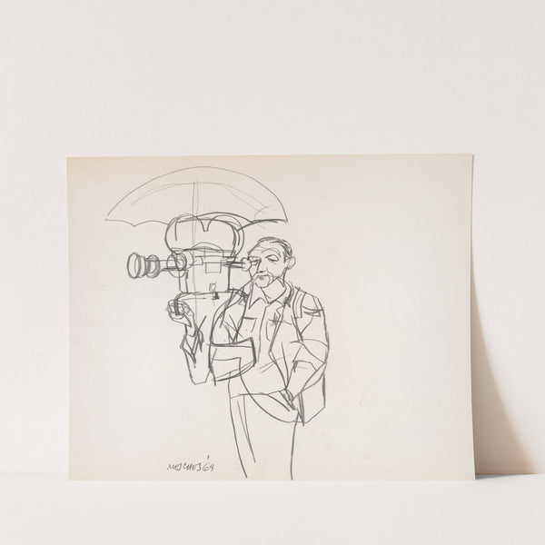 Television news cameraman with umbrella over the camera during the Pueblo hearings in Coronado, California by Arnold Mesches