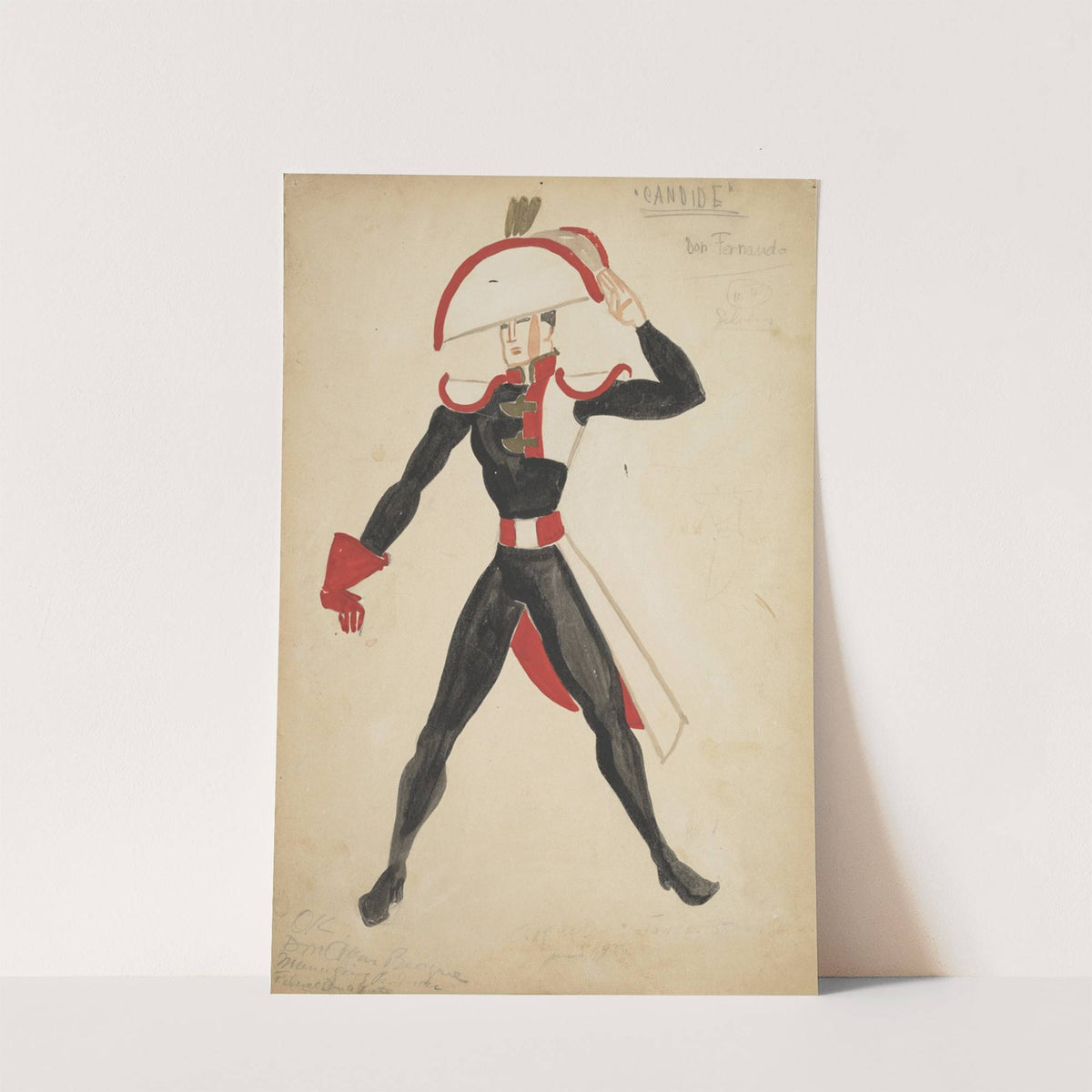 Candide: Don Fernando Wearing black, white, and red costume with hat (1934-1943) by Alex Jones