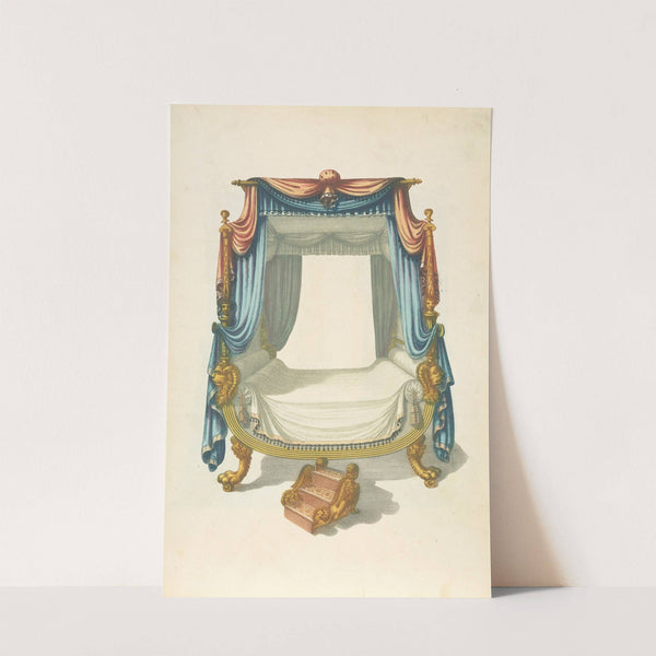 Canopy bed with blue and orange drapery by Thomas Sheraton