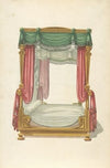 Canopy bed with green and red drapery.