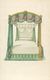 Canopy bed with green drapery.