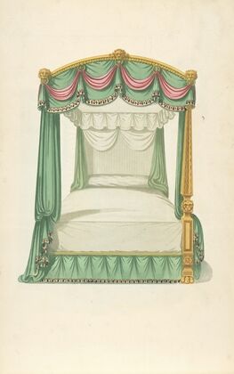 Canopy bed with green drapery.