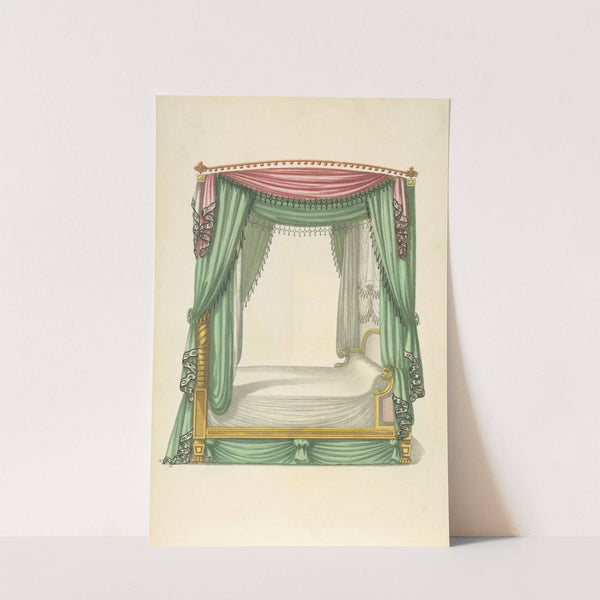 Canopy bed with pink and green drapery. by Thomas Sheraton