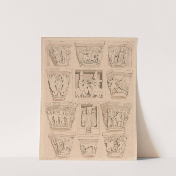 Capitals and A & B Bas-Reliefs in the Abbey Church of Saint Georges de Bocherville, near Rouen, Normandy (1818) by John Sell Cotman