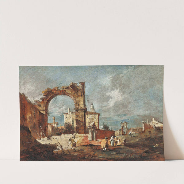 Capriccio with a ruinous arch and a villa in the background by Francesco Guardi