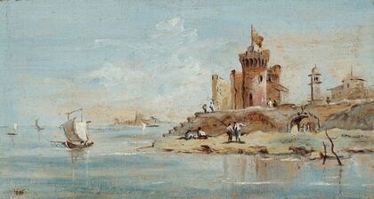 Caprice, avec forteresse en ruine au bord de la lagune