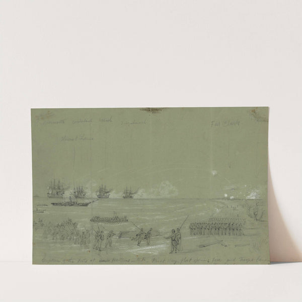 Capture of the Forts at Cape Hatteras inlet-First day, fleet opening fire and troops landing in the surf by Alfred Rudolph Waud