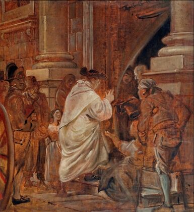 Cardinal blessing beggars at the church doors