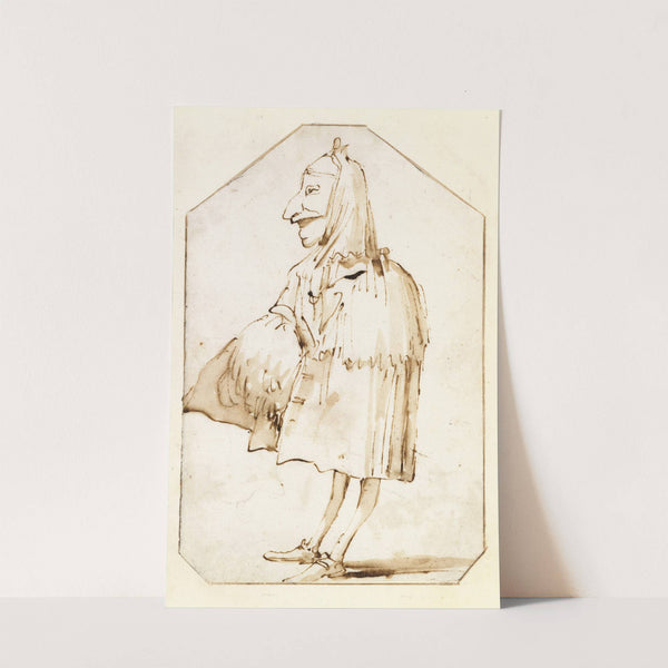 Caricature of a Man in a Mask and a Cloak, Holding a Muff and a Tricorne, Standing in Profile to the Left (1760) by Giovanni Battista Tiepolo