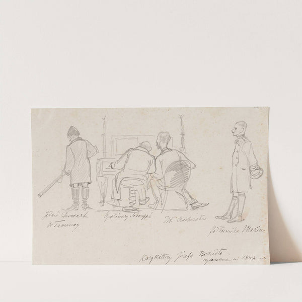 Caricatures of guests in Orońsko; Józef Deskur, Alfred Schouppé, Władysław Czachórski and colonel Mazin (1882) by Jozef Brandt