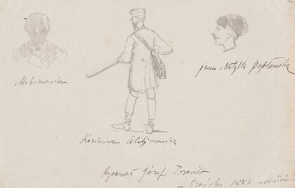 Caricatures of guests in Orońsko; Kazimierz Alchimowicz twice and Matylda Popławska (1882)