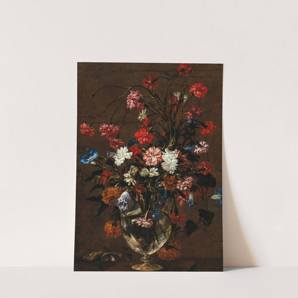 Carnations and other flowers in a glass vase by Roman School