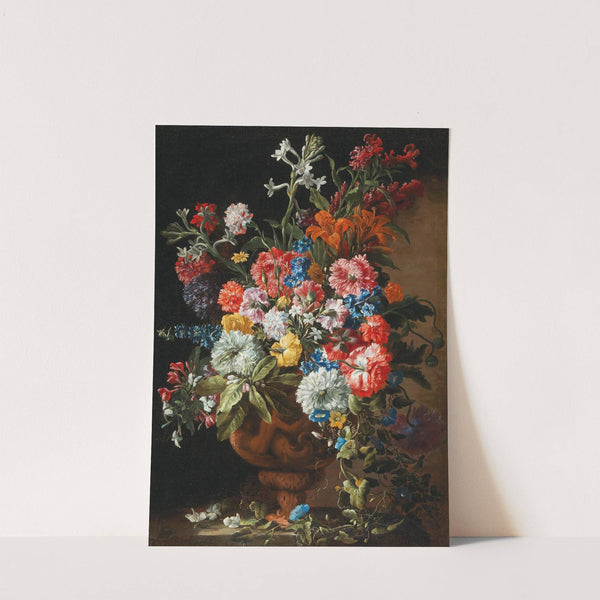 Carnations, lillies, nigellas and other flowers in a decorative terracotta vase on a stone ledge by Abraham Brueghel