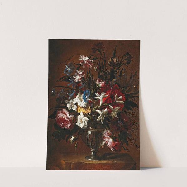 Carnations, roses, lilies and other flowers in a vase on a ledge by Jean-Baptiste Monnoyer
