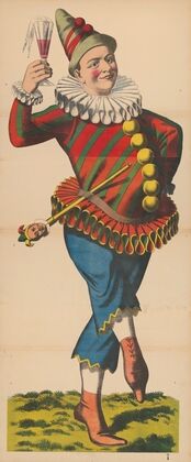 Carnival figure dressed as a jester with a glass of beer and a marotte — size preview