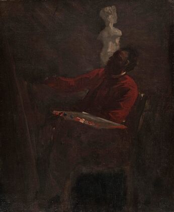 Carpeaux en veston rouge peignant dans son atelier