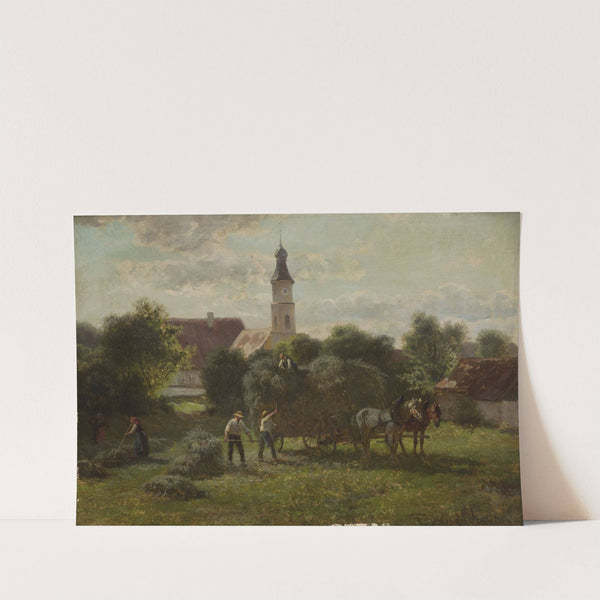 Carting hay with a view of the village and the church by Adolf van der Venne