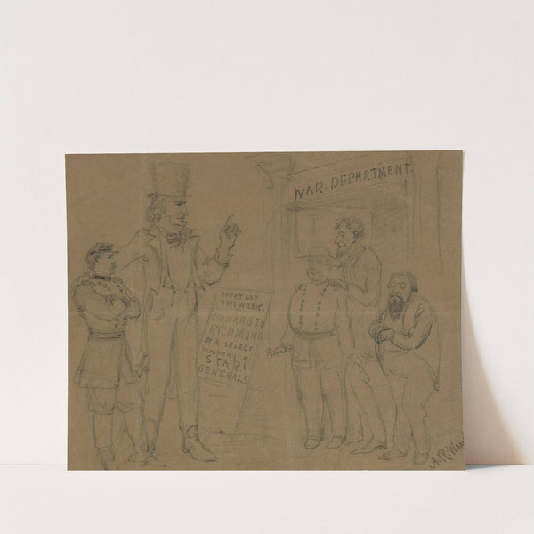 Cartoon showing Uncle Sam and General McClellan standing before a playbill by Alfred Rudolph Waud