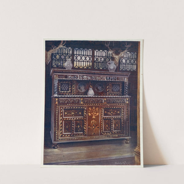 Carved and inlaid oak court cupboard. by Edwin Foley